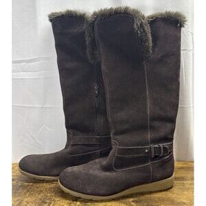 Lands End Boots Womens Brown Suede Knee High Tall Low Heel Fur Lining Size 10B